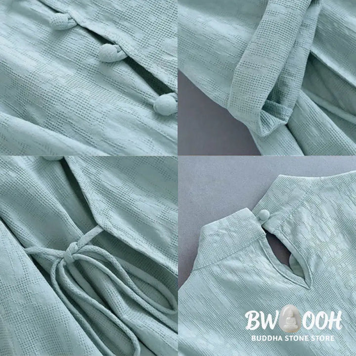 Buddha Stones Spring Casual Plain Frog-Button Design Side Lace-Up Cotton Linen Midi Dress - Midi Dress