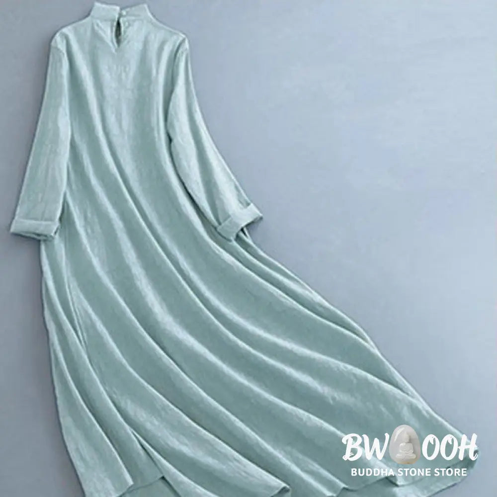 Buddha Stones Spring Casual Plain Frog-Button Design Side Lace-Up Cotton Linen Midi Dress - Midi Dress