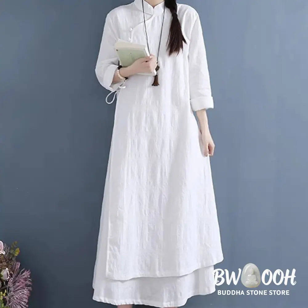Buddha Stones Spring Casual Plain Frog-Button Design Side Lace-Up Cotton Linen Midi Dress - Midi Dress