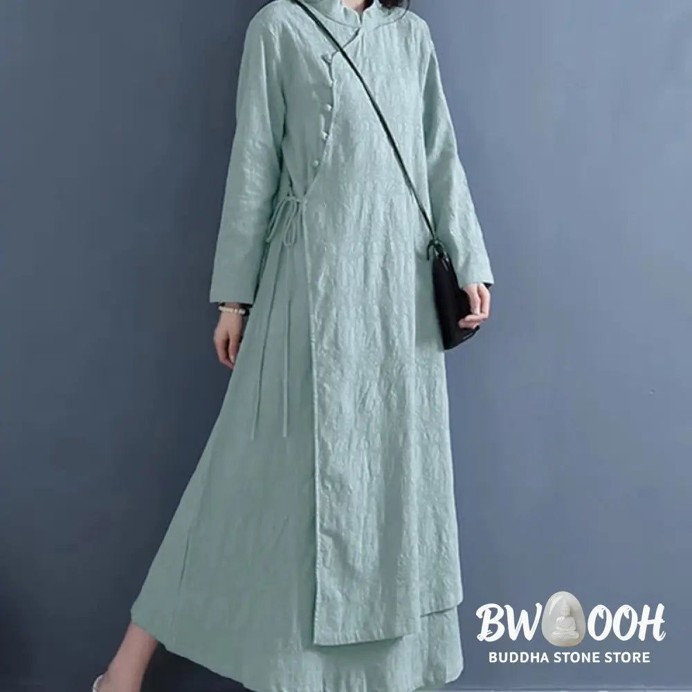 Buddha Stones Spring Casual Plain Frog-Button Design Side Lace-Up Cotton Linen Midi Dress - Midi Dress