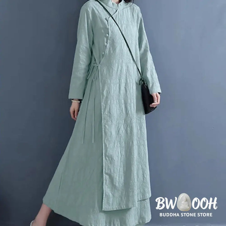 Buddha Stones Spring Casual Plain Frog-Button Design Side Lace-Up Cotton Linen Midi Dress - Midi Dress