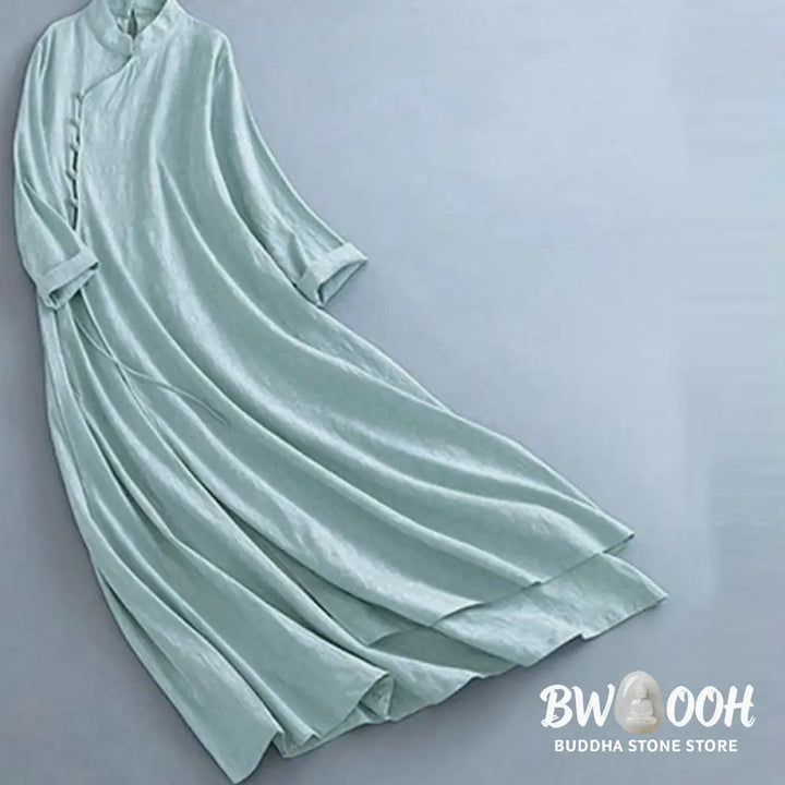 Buddha Stones Spring Casual Plain Frog-Button Design Side Lace-Up Cotton Linen Midi Dress - Midi Dress