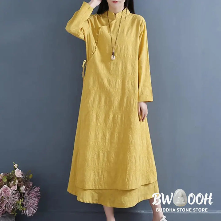 Buddha Stones Spring Casual Plain Frog-Button Design Side Lace-Up Cotton Linen Midi Dress - Midi Dress