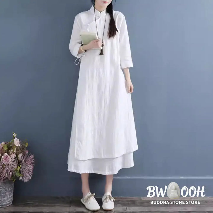 Buddha Stones Spring Casual Plain Frog-Button Design Side Lace-Up Cotton Linen Midi Dress - Midi Dress