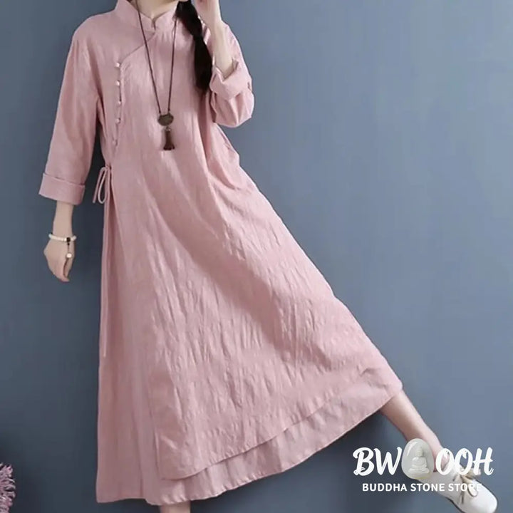 Buddha Stones Spring Casual Plain Frog-Button Design Side Lace-Up Cotton Linen Midi Dress - Midi Dress