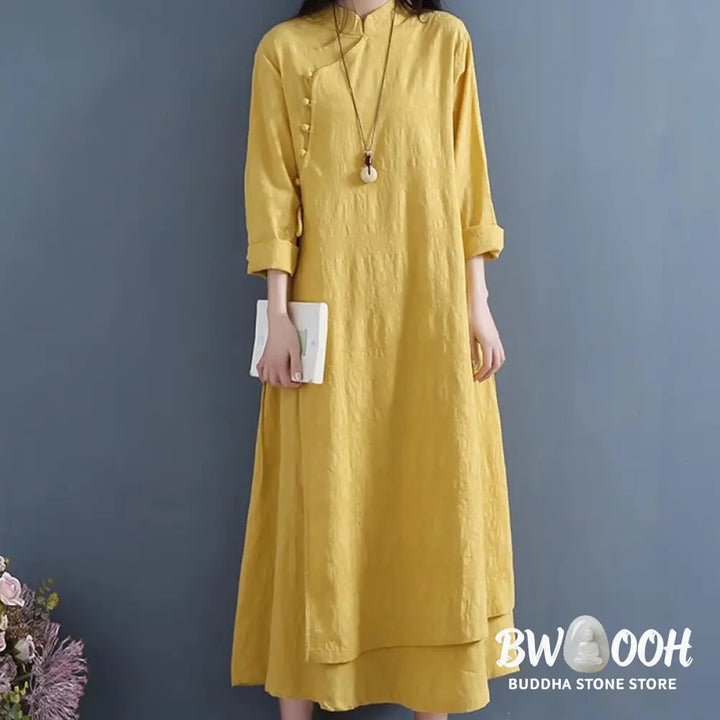 Buddha Stones Spring Casual Plain Frog-Button Design Side Lace-Up Cotton Linen Midi Dress - Midi Dress