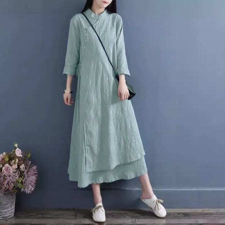 Buddha Stones Spring Casual Plain Frog-Button Design Side Lace-Up Cotton Linen Midi Dress - CornflowerBlue