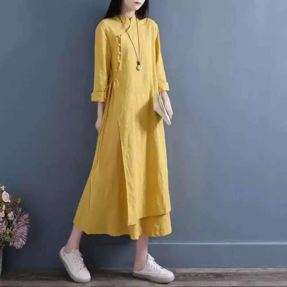 Buddha Stones Spring Casual Plain Frog-Button Design Side Lace-Up Cotton Linen Midi Dress - Gold / US4，UK/AU8，EU36 (L)