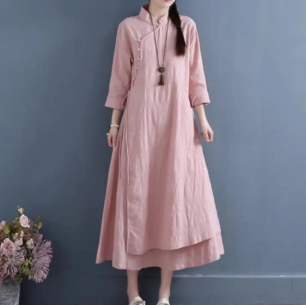 Buddha Stones Spring Casual Plain Frog-Button Design Side Lace-Up Cotton Linen Midi Dress - LightPink / US4，UK/AU8，EU36