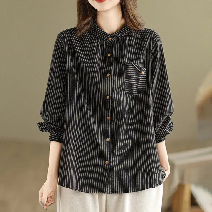 BWOOOH Spring Causal Splice Design Striped Long Sleeve Bu