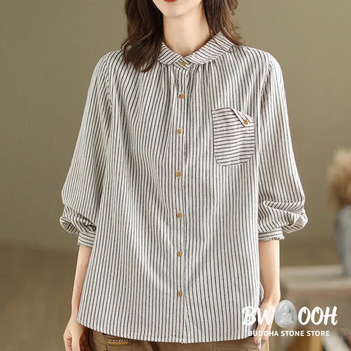 Buddha Stones Spring Causal Splice Design Striped Long Sleeve Button Lapel Cotton Linen Women’s Shirt With Pocket