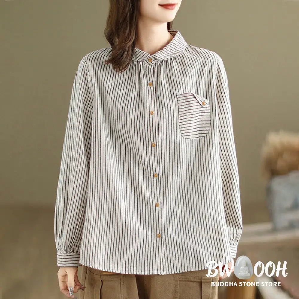 Buddha Stones Spring Causal Splice Design Striped Long Sleeve Button Lapel Cotton Linen Women’s Shirt With Pocket