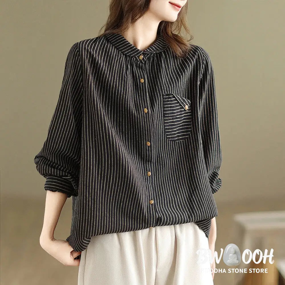 Buddha Stones Spring Causal Splice Design Striped Long Sleeve Button Lapel Cotton Linen Women’s Shirt With Pocket