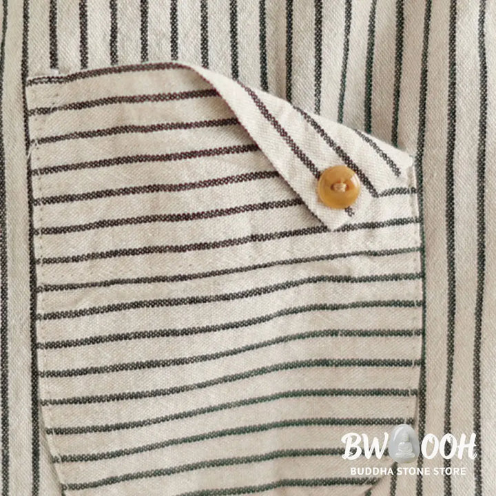 Buddha Stones Spring Causal Splice Design Striped Long Sleeve Button Lapel Cotton Linen Women’s Shirt With Pocket