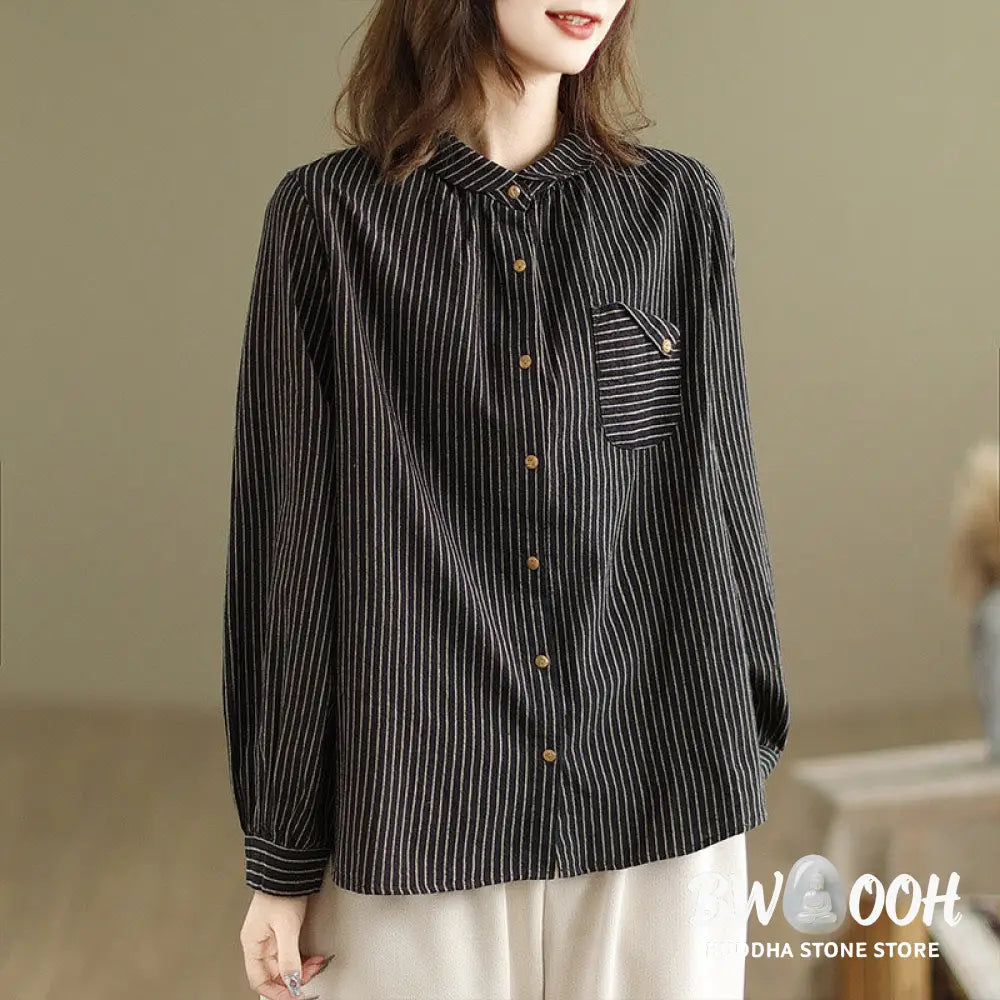 Buddha Stones Spring Causal Splice Design Striped Long Sleeve Button Lapel Cotton Linen Women’s Shirt With Pocket
