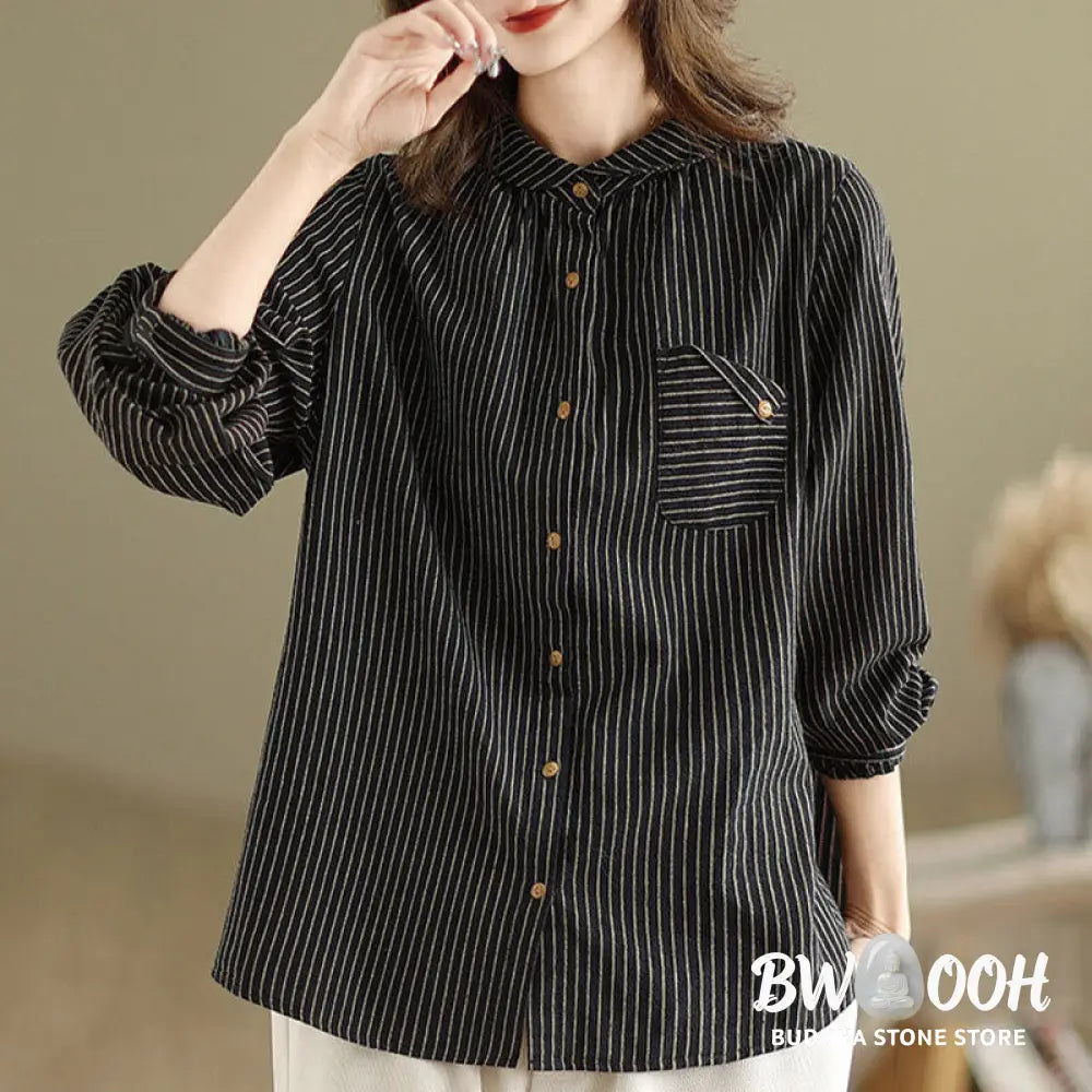 Buddha Stones Spring Causal Splice Design Striped Long Sleeve Button Lapel Cotton Linen Women’s Shirt With Pocket