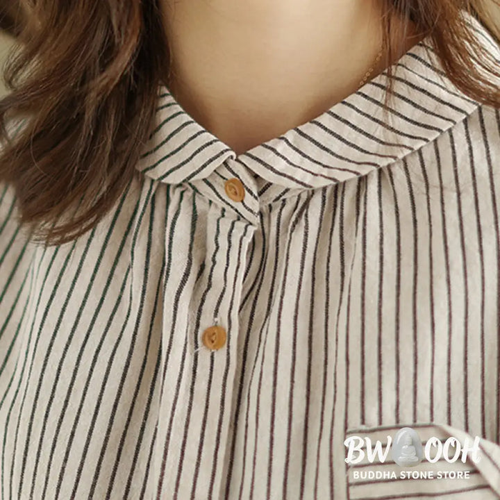 Buddha Stones Spring Causal Splice Design Striped Long Sleeve Button Lapel Cotton Linen Women’s Shirt With Pocket