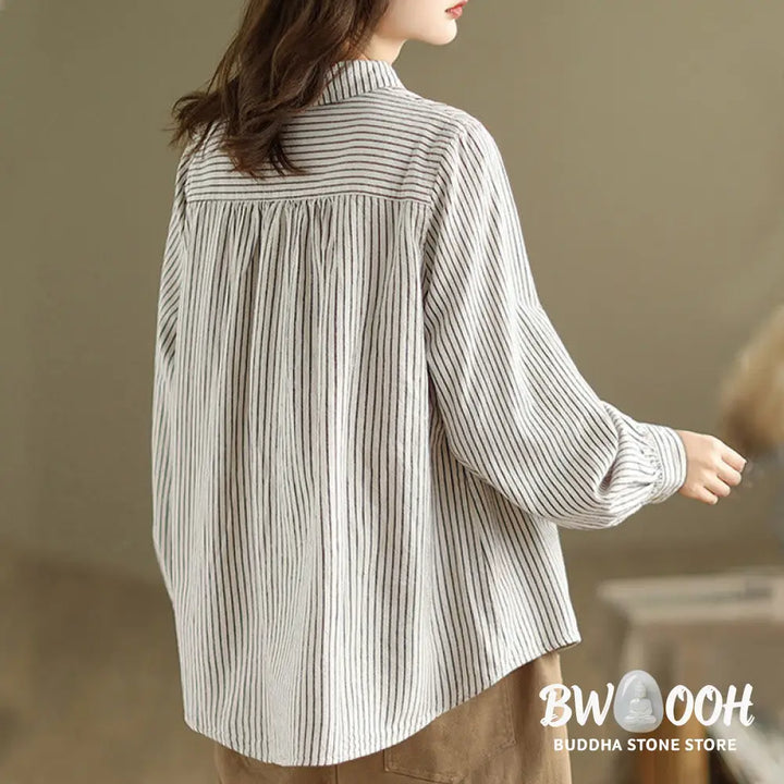 Buddha Stones Spring Causal Splice Design Striped Long Sleeve Button Lapel Cotton Linen Women’s Shirt With Pocket