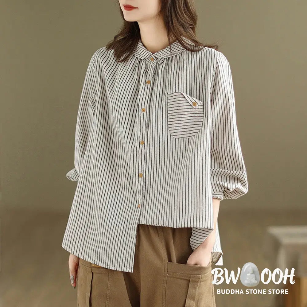 Buddha Stones Spring Causal Splice Design Striped Long Sleeve Button Lapel Cotton Linen Women’s Shirt With Pocket