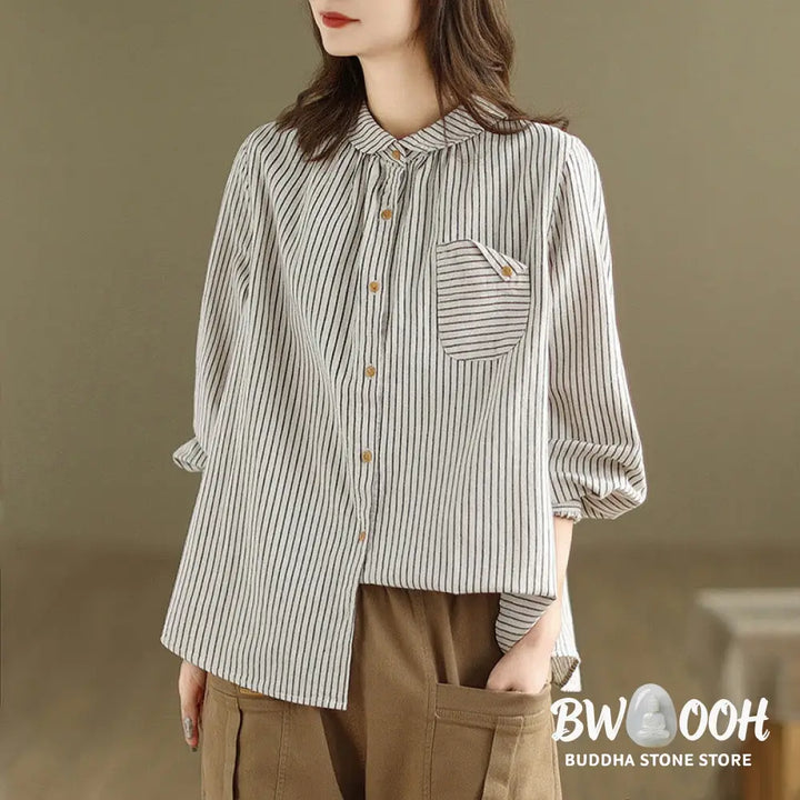 Buddha Stones Spring Causal Splice Design Striped Long Sleeve Button Lapel Cotton Linen Women’s Shirt With Pocket