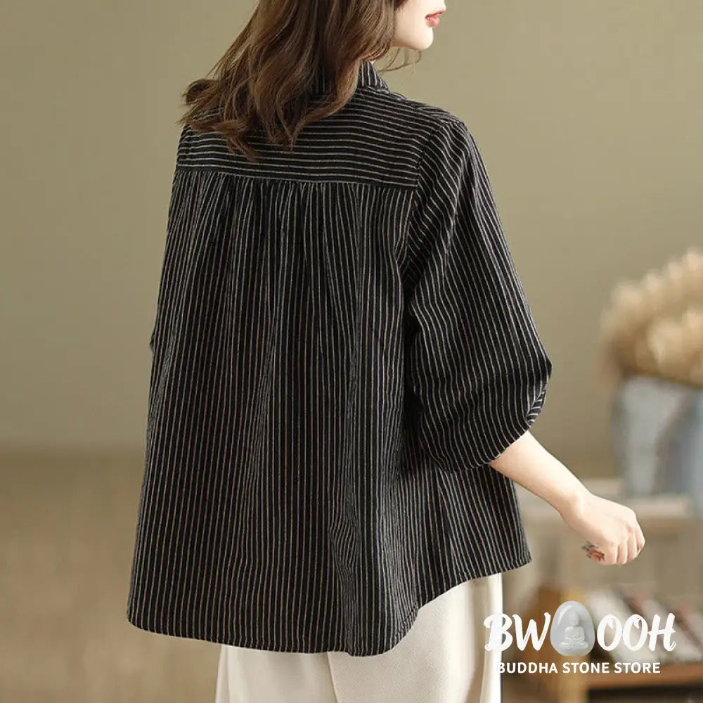 Buddha Stones Spring Causal Splice Design Striped Long Sleeve Button Lapel Cotton Linen Women’s Shirt With Pocket