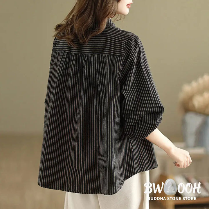 Buddha Stones Spring Causal Splice Design Striped Long Sleeve Button Lapel Cotton Linen Women’s Shirt With Pocket