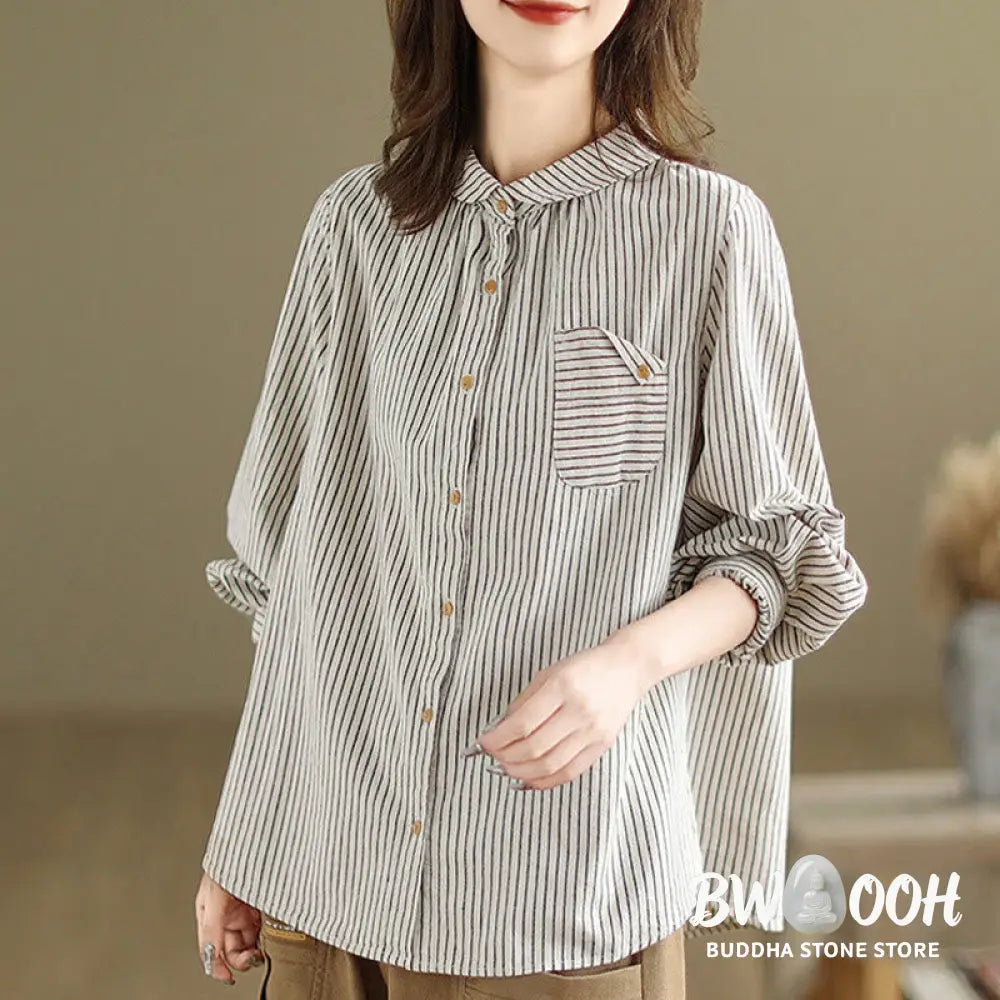 Buddha Stones Spring Causal Splice Design Striped Long Sleeve Button Lapel Cotton Linen Women’s Shirt With Pocket