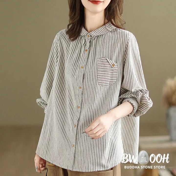 Buddha Stones Spring Causal Splice Design Striped Long Sleeve Button Lapel Cotton Linen Women’s Shirt With Pocket