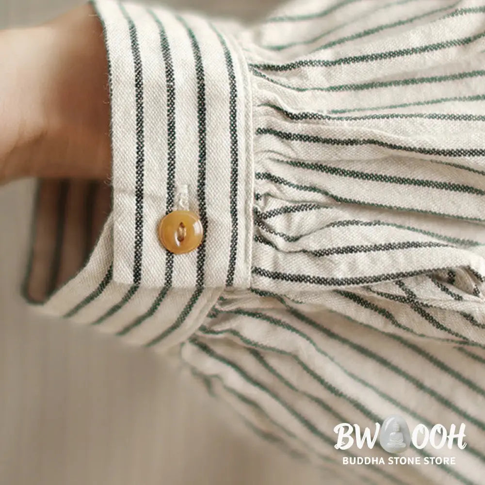 Buddha Stones Spring Causal Splice Design Striped Long Sleeve Button Lapel Cotton Linen Women’s Shirt With Pocket