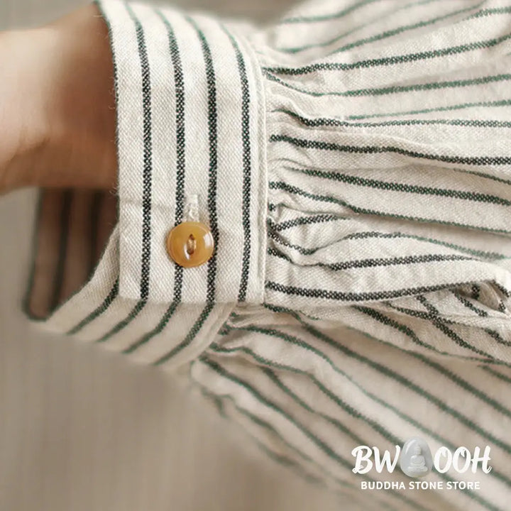 Buddha Stones Spring Causal Splice Design Striped Long Sleeve Button Lapel Cotton Linen Women’s Shirt With Pocket