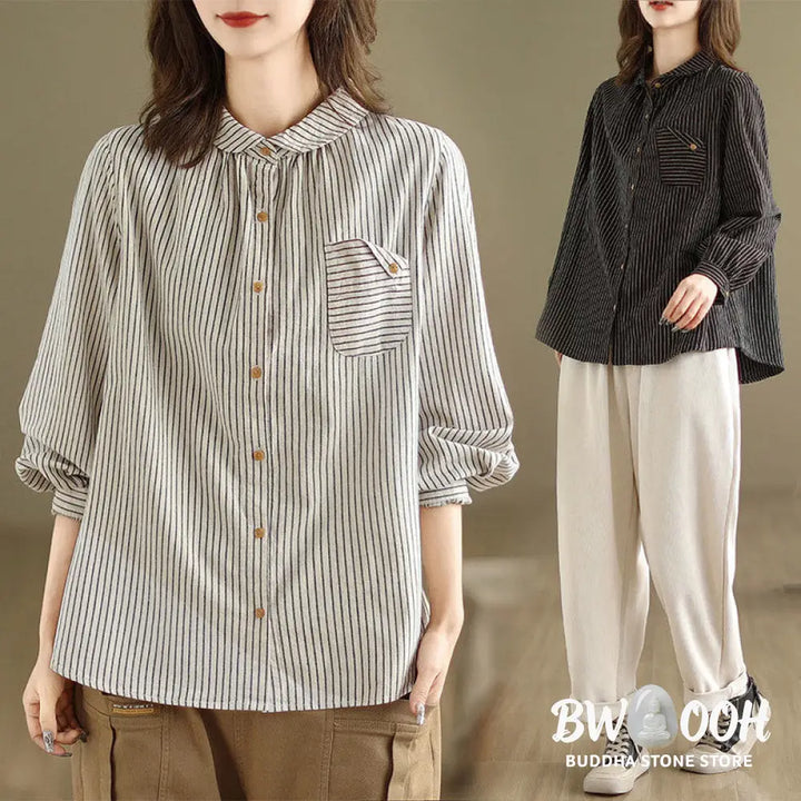 Buddha Stones Spring Causal Splice Design Striped Long Sleeve Button Lapel Cotton Linen Women’s Shirt With Pocket