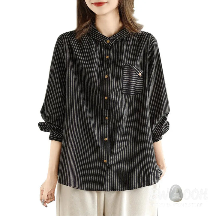 Buddha Stones Spring Causal Splice Design Striped Long Sleeve Button Lapel Cotton Linen Women’s Shirt With Pocket