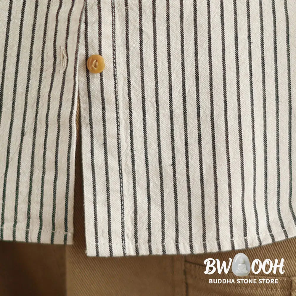 Buddha Stones Spring Causal Splice Design Striped Long Sleeve Button Lapel Cotton Linen Women’s Shirt With Pocket