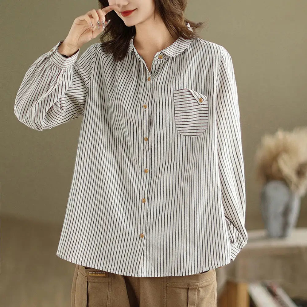 Buddha Stones Spring Causal Splice Design Striped Long Sleeve Button Lapel Cotton Linen Women’s Shirt With Pocket