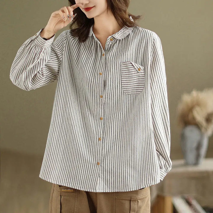 Buddha Stones Spring Causal Splice Design Striped Long Sleeve Button Lapel Cotton Linen Women’s Shirt With Pocket
