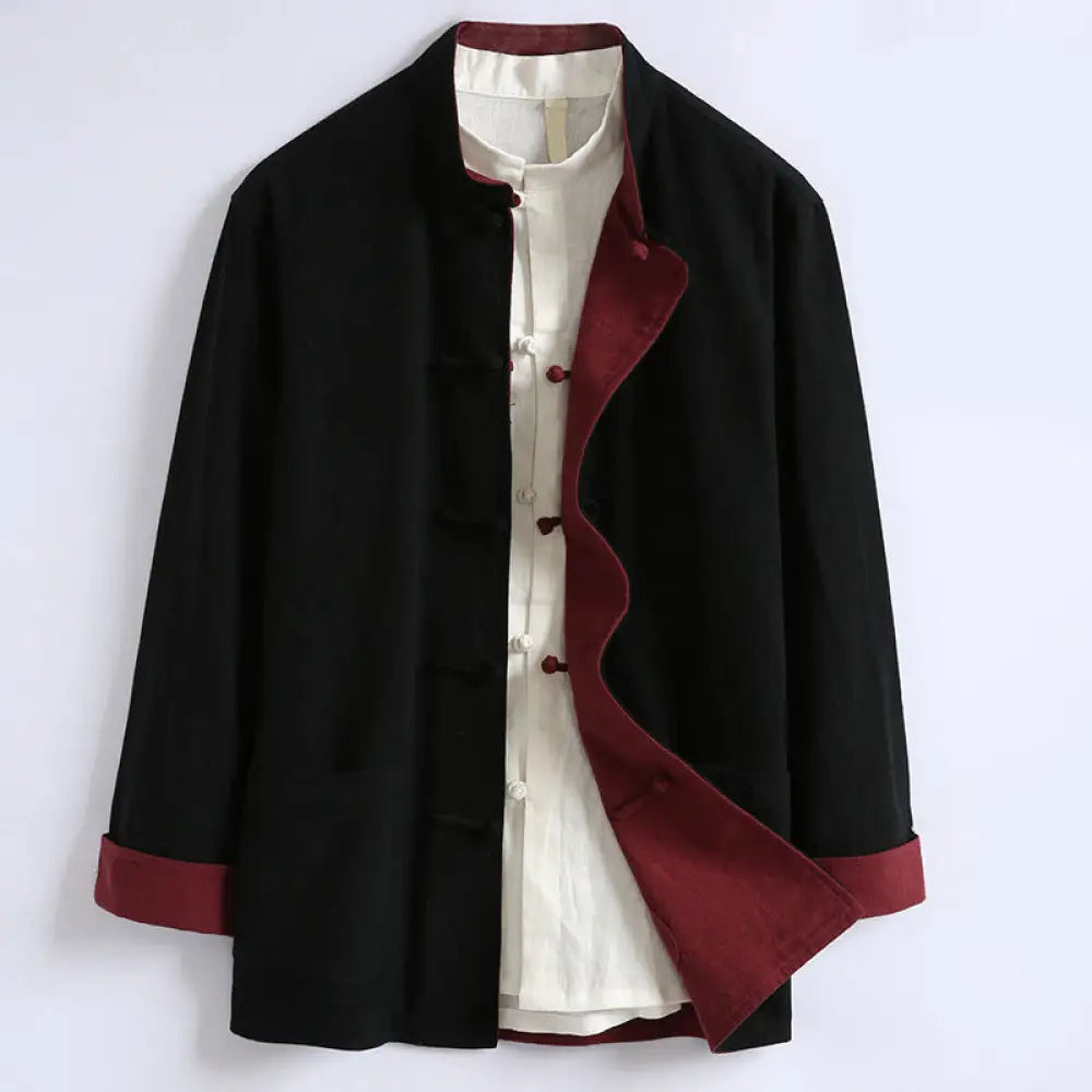 Buddha Stones Spring Chinese Reversible Men’s Frog-Button Cotton Long Sleeve Jacket - Black / US/UK/AU34，EU44 (L)