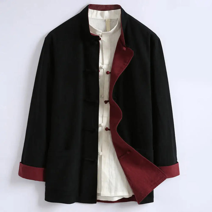 Buddha Stones Spring Chinese Reversible Men’s Frog-Button Cotton Long Sleeve Jacket - Black / US/UK/AU34，EU44 (L)