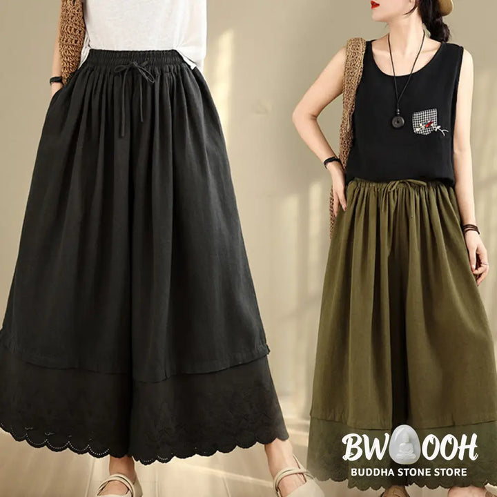 BWOOOH printed wide-leg yoga pants - Spring Embroidery Lace Hem Patchwork Dra