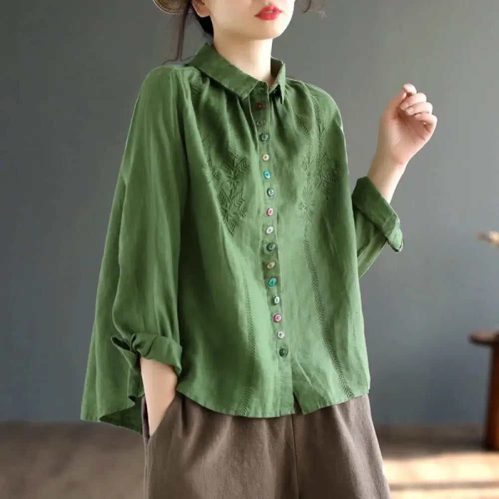 Buddha Stones Spring Embroidery Long Sleeve Colorful Button Label Cotton Linen Women’s Shirt - MediumSeaGreen