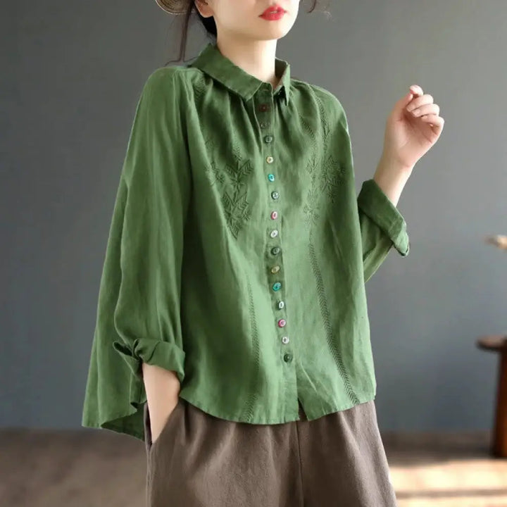 Buddha Stones Spring Embroidery Long Sleeve Colorful Button Label Cotton Linen Women’s Shirt - MediumSeaGreen