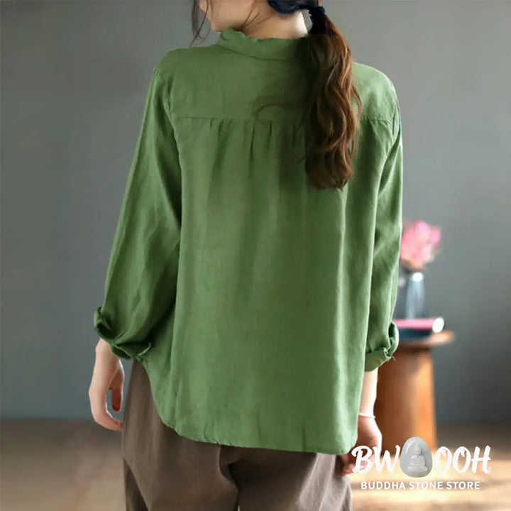 Buddha Stones Spring Embroidery Long Sleeve Colorful Button Label Cotton Linen Women’s Shirt - Women’s Shirts