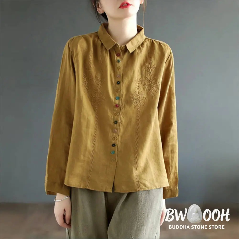 Buddha Stones Spring Embroidery Long Sleeve Colorful Button Label Cotton Linen Women’s Shirt - Women’s Shirts