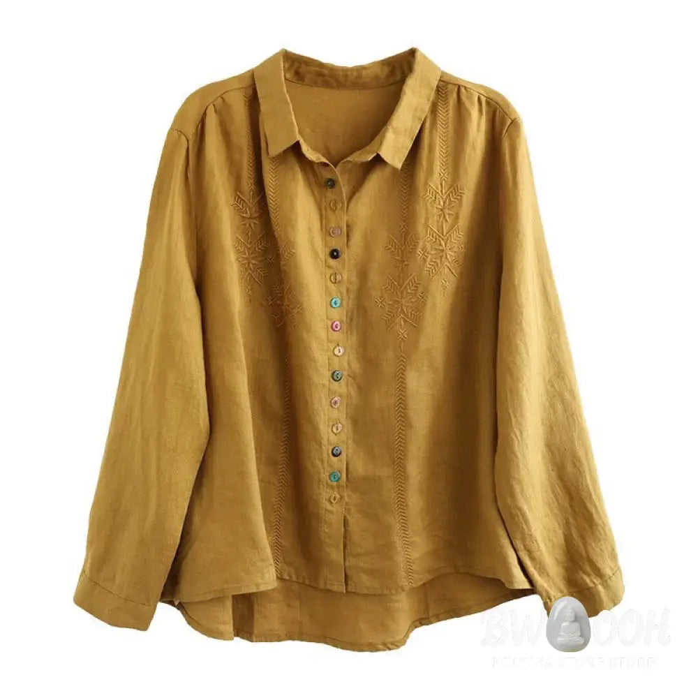 Buddha Stones Spring Embroidery Long Sleeve Colorful Button Label Cotton Linen Women’s Shirt - Women’s Shirts