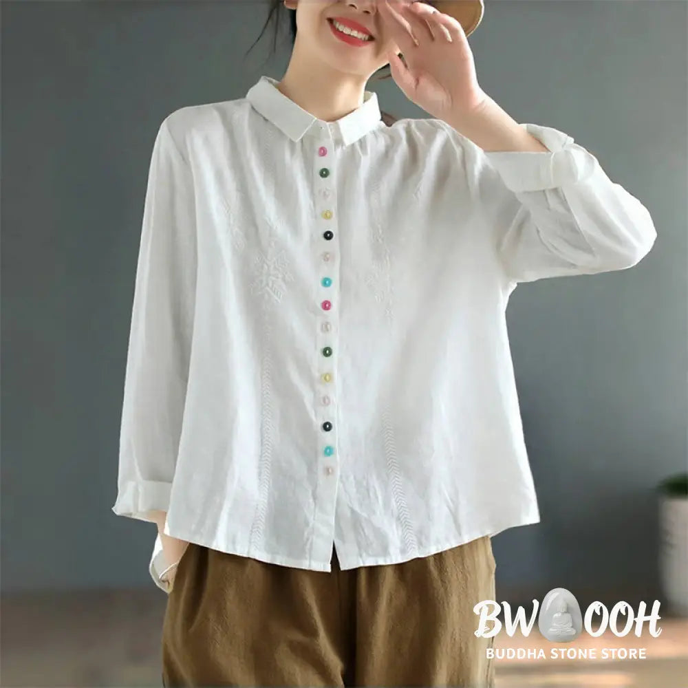 Buddha Stones Spring Embroidery Long Sleeve Colorful Button Label Cotton Linen Women’s Shirt - Women’s Shirts