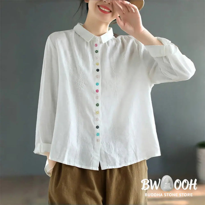 Buddha Stones Spring Embroidery Long Sleeve Colorful Button Label Cotton Linen Women’s Shirt - Women’s Shirts