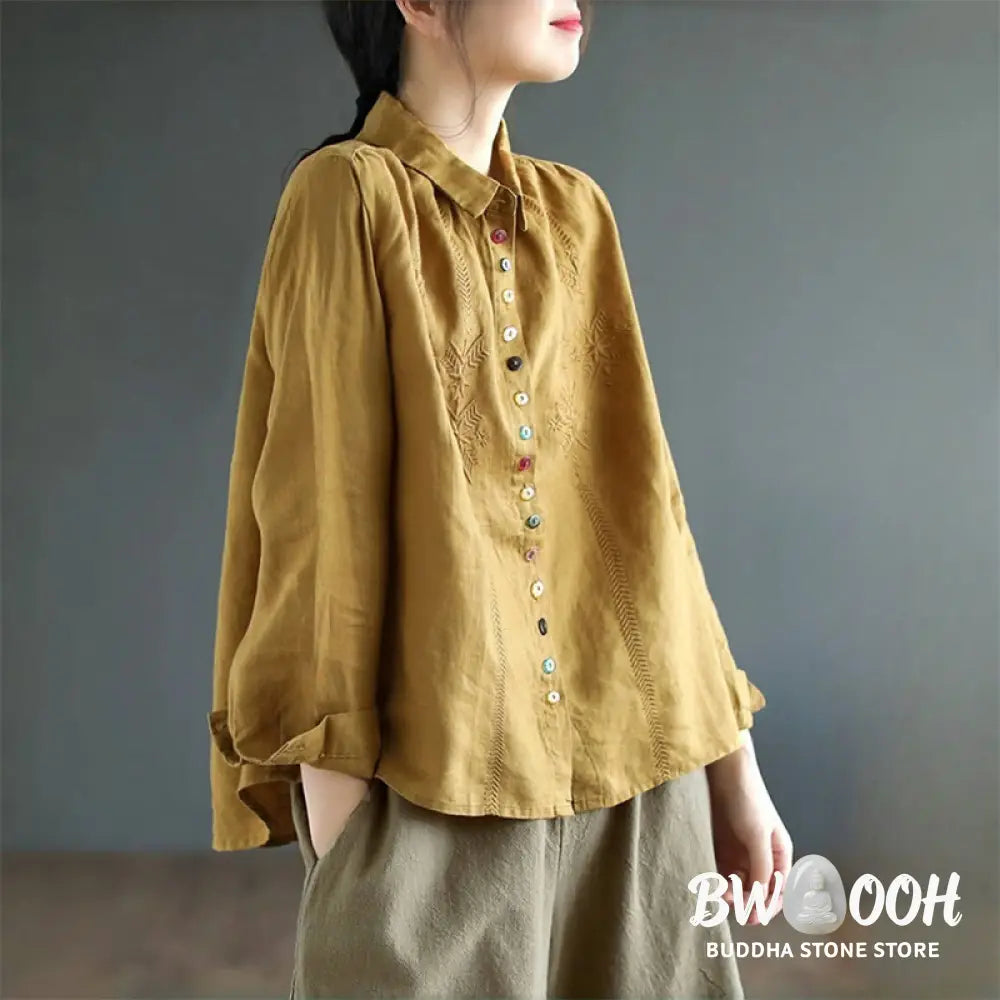 Buddha Stones Spring Embroidery Long Sleeve Colorful Button Label Cotton Linen Women’s Shirt - Women’s Shirts