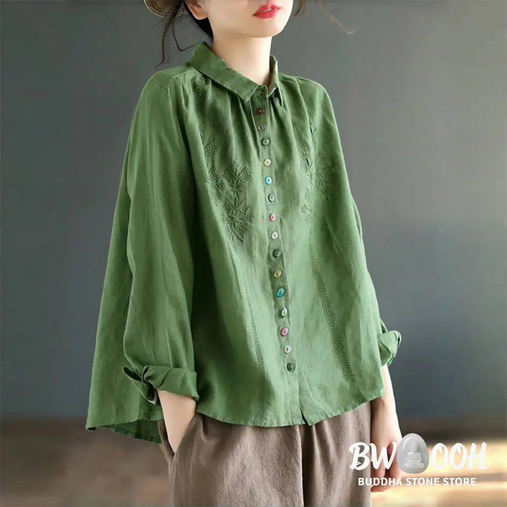 Buddha Stones Spring Embroidery Long Sleeve Colorful Button Label Cotton Linen Women’s Shirt - Women’s Shirts
