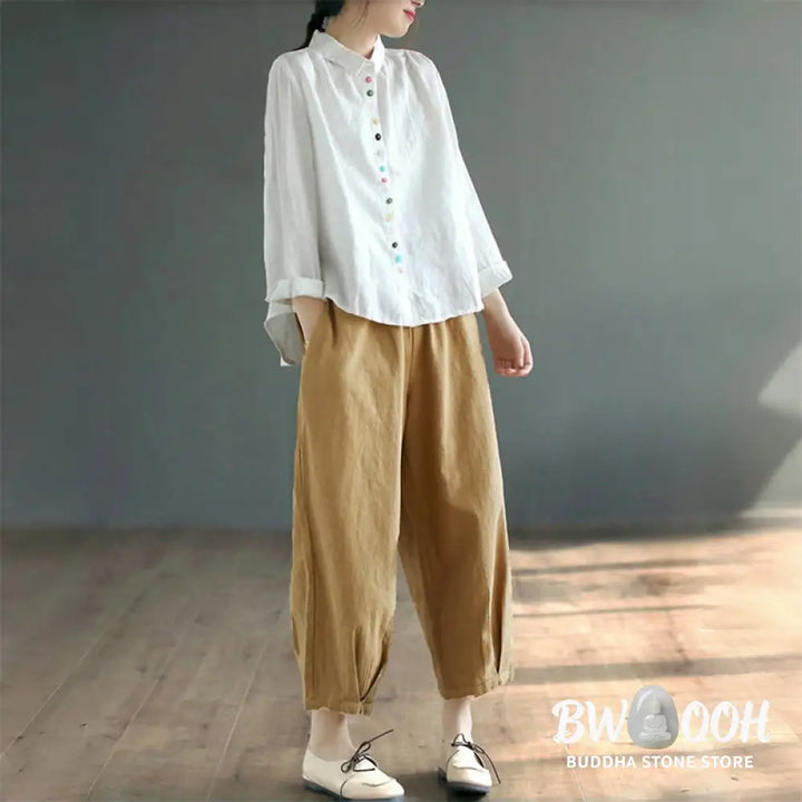 Buddha Stones Spring Embroidery Long Sleeve Colorful Button Label Cotton Linen Women’s Shirt - Women’s Shirts