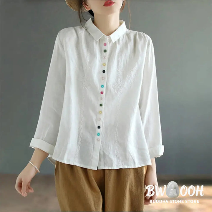Buddha Stones Spring Embroidery Long Sleeve Colorful Button Label Cotton Linen Women’s Shirt - Women’s Shirts