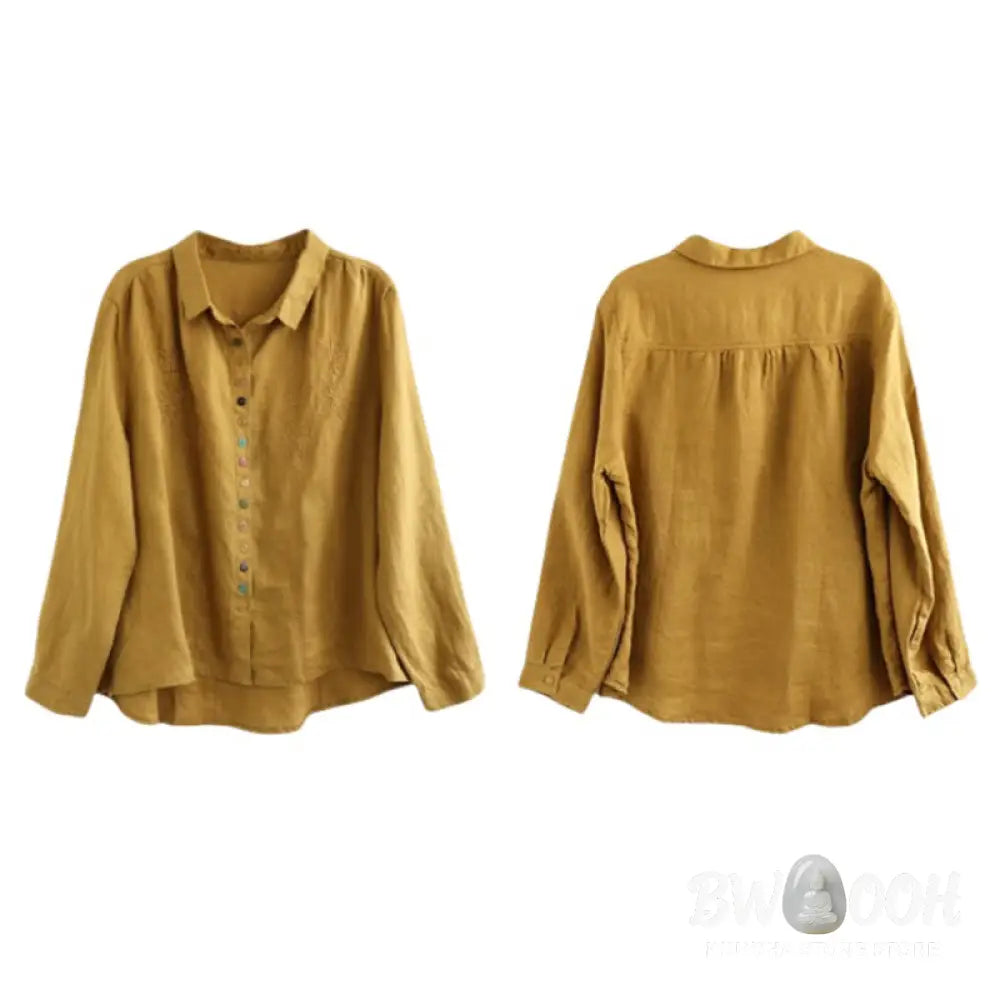 Buddha Stones Spring Embroidery Long Sleeve Colorful Button Label Cotton Linen Women’s Shirt - Women’s Shirts